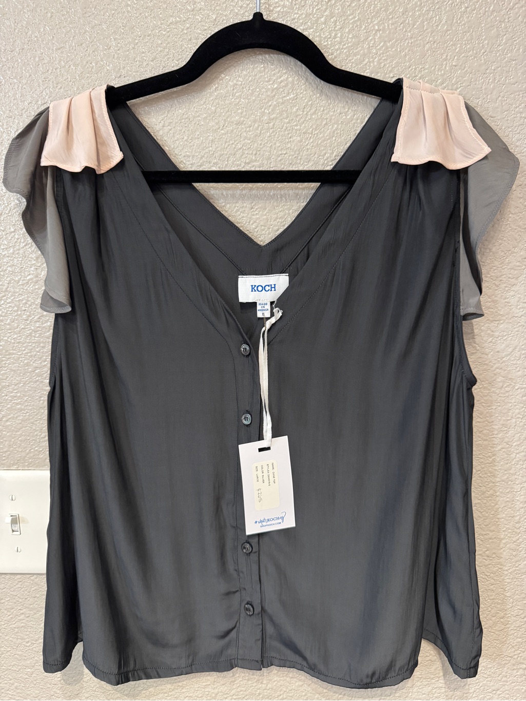 Koch Dane Top Silver Flutter Sleeve Blouse Nwt Size Large Made In Usa